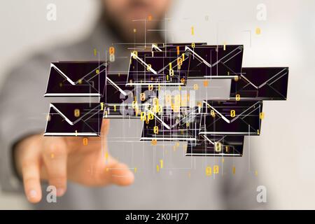 A finger pointing to 3d floating massage envelop icons - a concept of connection, networking Stock Photo