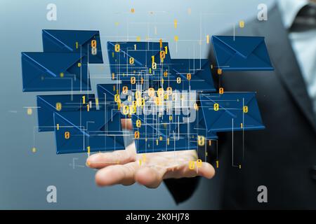 3d floating massage envelop icons  and binary code over a hand- a concept of connection, networking Stock Photo