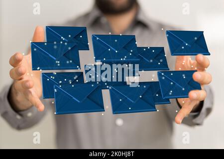 3d floating massage envelop icons between hands- a concept of connection, networking Stock Photo