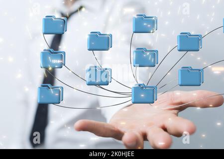 A concept of big data cloud -  digital 3d icons of connected files floating over a hand Stock Photo