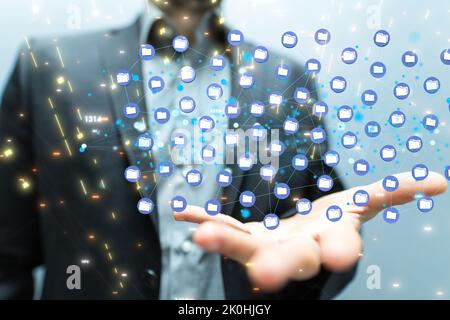 A concept of big data cloud -  digital 3d icons of connected files floating over a hand Stock Photo