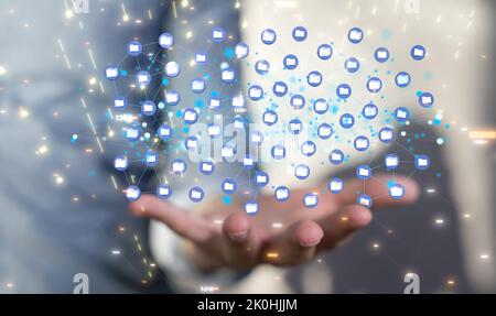 A concept of big data cloud -  digital 3d icons of connected files floating over a hand Stock Photo