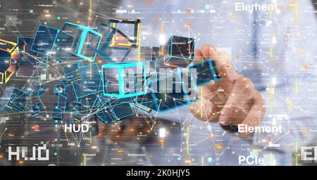 The finger taping on the big data network with digits in sections - blockchain concept Stock Photo