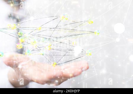 A person showing 3d abstract lines with dots on a blurred background Stock Photo