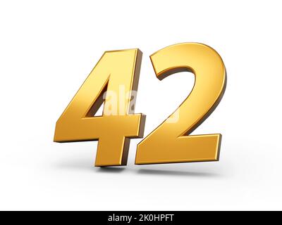 A golden 3d rendered illustration of number 42 isolated on a white background Stock Photo