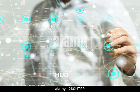 A man standing with a pan against the lines and dots, a concept of network Stock Photo