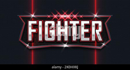 Fighter 3d text effect logo with red incandescent light and metal emblem Stock Vector