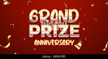Grand Prize anniversary gold and silver text effect with red background and confetti Stock Vector