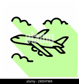 Airplane flat line icon. Vector sign of plane flying in clouds, aircraft travel outline logo Stock Photo