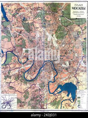 Map of Moscow, the capital of Russia in Russian. 1938 Stock Photo