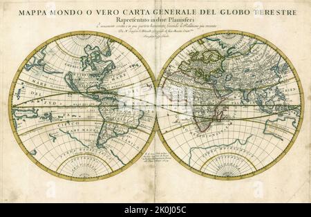 First state of Rossi's double hemisphere map of the world, published in Rome. 1674. The map is based upon the influential world map of Nicolas Sanson Stock Photo
