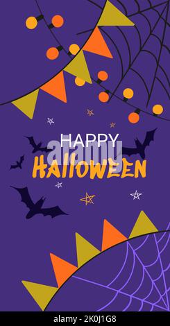 text Happy Halloween on the background of the night cloudy starry sky with bats cobwebs with lamp and flag garlands Stock Vector