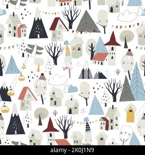 Seamless pattern with Cute Little Houses, Snowing Mountains and Trees Stock Vector