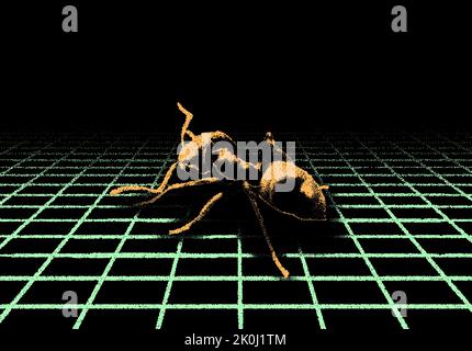Retro futurism dotwork style ant on the grid. Technology and nature concept with retro sci-fi comic book style. Stock Vector