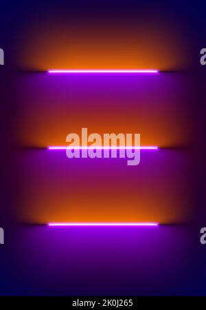 Neon illumination background in Halloween style. Abstract 80s or synthwave backdrop with orange and purple lamp on the wallpaper Stock Vector