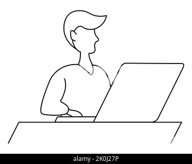 The student is working on a laptop. Sketch. Vector illustration. A young man sits at a table in front of an open laptop and presses the keys. Coloring Stock Vector