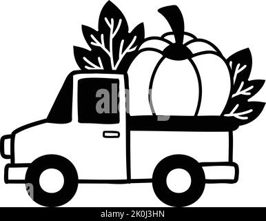 Hand Drawn Pickup truck carrying pumpkins illustration isolated on background Stock Vector