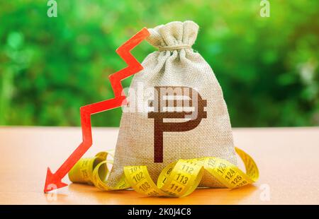 Philippine peso money bag with down arrow and measure tape. Capital outflow. Falling wages and welfare. Reduced wages, cuts in social benefits. Cuttin Stock Photo