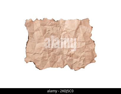 Сrumpled craft paper with burnt edges isolated on white background. High quality photo Stock Photo
