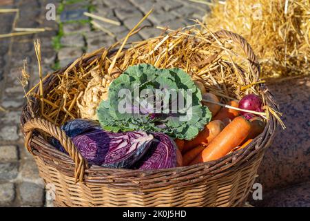 Fresh vegetables in a basket as an autumn decoration Stock Photo