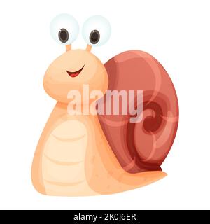 Snail funny cheerful and smiling character with shell in cartoon style isolated on white background. Cute character, positive emotion. Character slug. Vector illustration Stock Vector