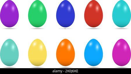 Easter Egg vector set. Colored eggs on white isolated background. Ten simple Happy Easter eggs with Bottom shadow. Stock Vector
