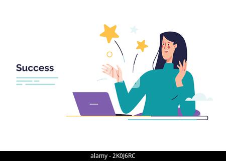 Vector illustration depicting a young woman rejoices in success Stock Vector