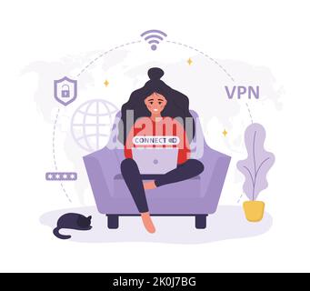 VPN service. Woman using virtual private network. Personal information and data safety. Password security. Protection IP addresses and cyberspace Stock Vector