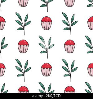 Muffins and leaves seamless pattern. Background with culinary pastries. Beautiful food print for packaging, textiles and product design. Hand drawn Stock Vector