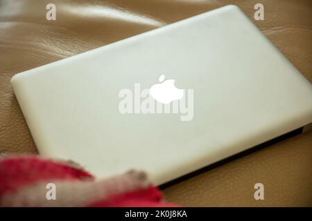 Greece, Athens, January 23 2022. MACBOOK laptop computer by Apple. Closed, silver, metallic, portable, thin, modern line of Macintosh notebook compute Stock Photo