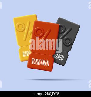 3d illustration of ticket with percent volume sign and bar code, sale Stock Vector