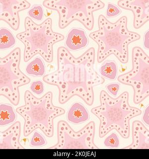Pink sea stars on cream background. Seamless pattern. Stock Vector