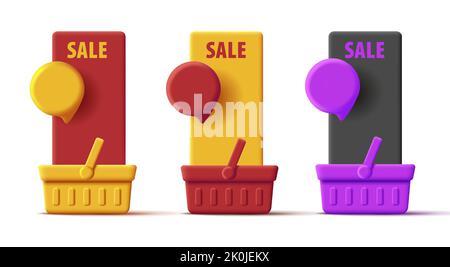 3d shopping basket with price tag bubble and place for promo copy Stock Vector