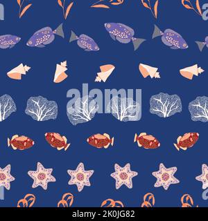 Underworld inhabitants in a row on dark blue background. Seamless pattern. Stock Vector