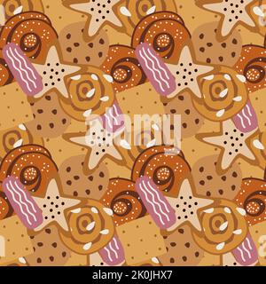 Seamless pattern with overlapping cookies and buns. Hand drawn sweets in sugar brown colours. Stock Vector