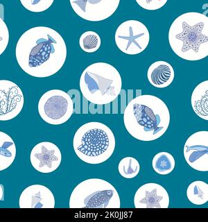 Polka dotted pattern with underwater world inhabitants on teal blue background. Stock Vector