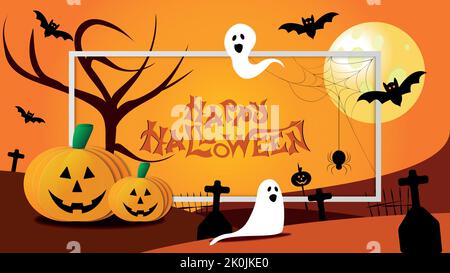 Banner with bats, spiders, ghosts and pumpkins to celebrate a Happy Halloween. Funny cemetery to congratulate the day of the dead Stock Vector