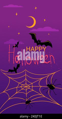 text Happy Halloween on the background of the night starry sky with clouds bats and cobwebs with spiders Stock Vector