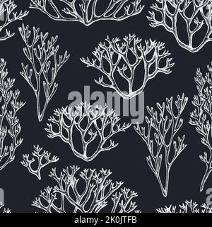 Mysterious forest seamless pattern background design. Engraved style. Hand drawn moss. Stock Vector