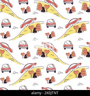 A seamless pattern of hand-drawn cars in doodle style. Car in different projections. Coral car on yellow road. Small trees - Christmas trees. Lanterns Stock Vector
