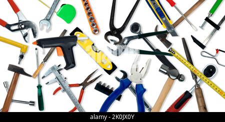 Topview of Different Work Tools on White Background- Stock Photo Stock Photo