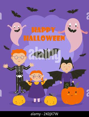 Postcard banner for Halloween, Children in costumes of ghosts and various mischief. Vector illustration Stock Vector