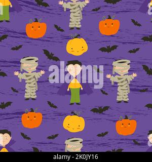 Halloween ghosts. Children in Halloween costumes, pumpkins and bats. Flat illustration. Vector seamless pattern Stock Vector