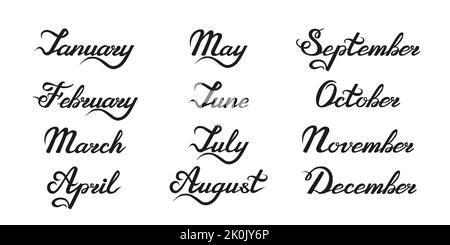 Collection of words, names of 12 months of the year. Hand written editable titles, vector design elements for various prints, calendar, brochure, jour Stock Vector