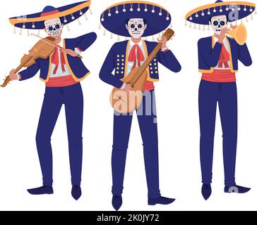 Musicians in mexican costumes semi flat color vector characters Stock Vector