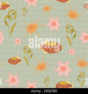Fishes, shells, sea stars and seaweeds seamless pattern on light green textured background. Stock Vector
