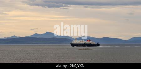 Caledonian MacBrayne vessel 'Clansman' departing Arinagour, Island of Coll, Scotland Stock Photo