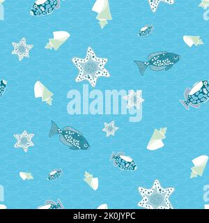 Monochromatic underworld inhabitants on textured blue background. Seamless pattern. Stock Vector