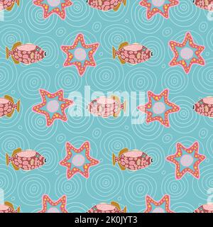 Fish and sea star seamless pattern on aqua colour textured background. Stock Vector