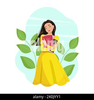 Book lovers day, Happy girl hugs books. Read more books concept. Vector illustration in flat cartoon style Stock Vector